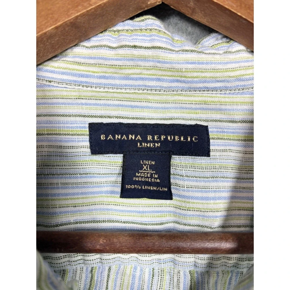 Banana Republic Mens XL Linen Short Sleeve Button Down Striped Shirt Blue Green